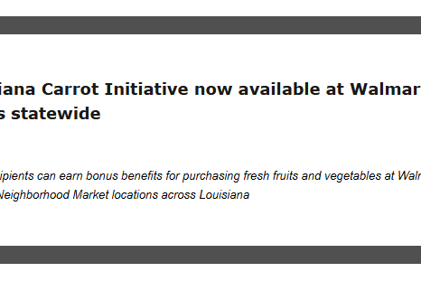 Hero banner with the Louisiana carrot initiative headline: 'Louisiana Carrot Initiative now available at Walmart stores statewide' and the subheadline about SNAP benefits across Louisiana.