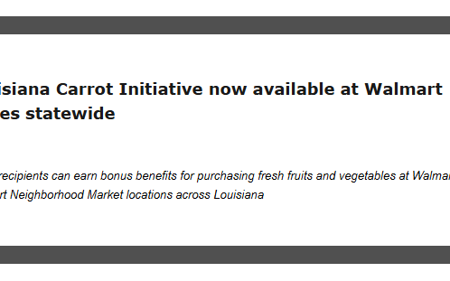 Hero banner with the Louisiana carrot initiative headline: 'Louisiana Carrot Initiative now available at Walmart stores statewide' and the subheadline about SNAP benefits across Louisiana.