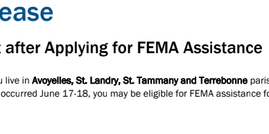 News release: What to Expect after Applying for FEMA Assistance; Tropical Storm Arthur affects several Louisiana parishes.