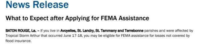 News release: What to Expect after Applying for FEMA Assistance; Tropical Storm Arthur affects several Louisiana parishes.