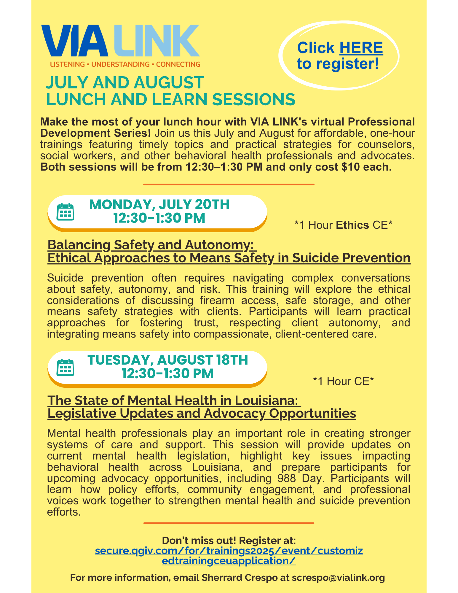 JulyAug 2026 VIALINK Lunch and Learn Flyer (1) (2) Yellow VIA LINK flyer announcing July–August Lunch and Learn sessions with dates, times, topics, and a registration link.